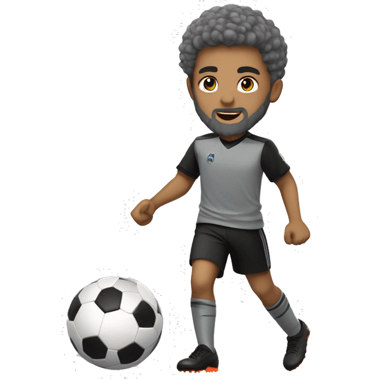 light skinned boy in gray soccer uniform and black shorts with gray beard  and hair kicking a soccer ball emoji