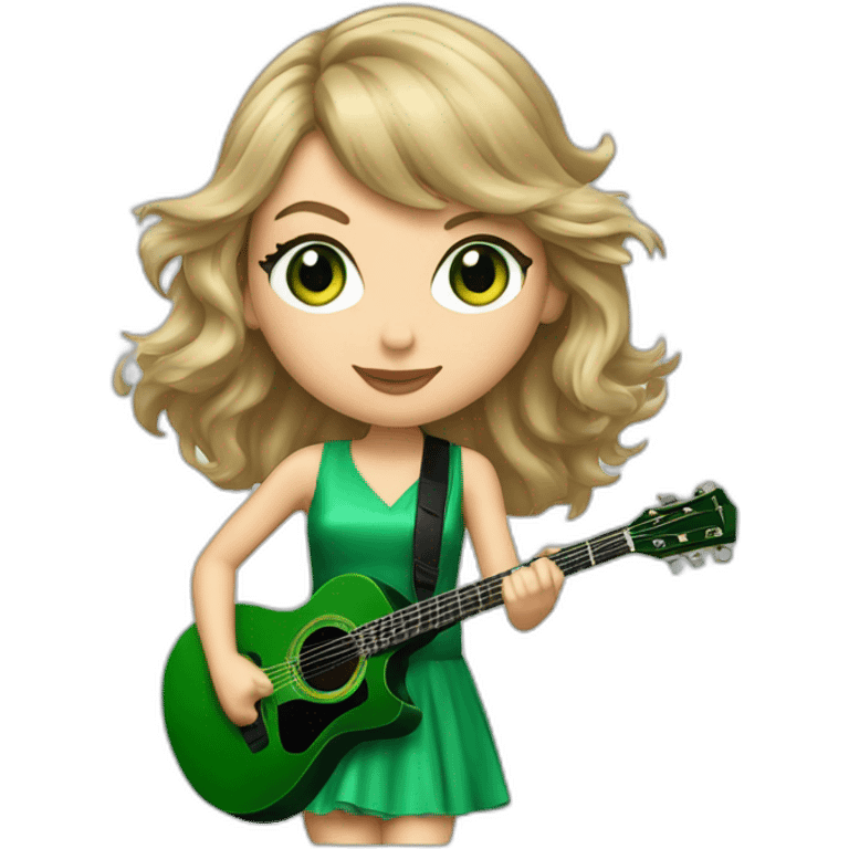 Taylor swift avec une robe vert jouant de la guitare avec des magnifiques yeux emoji