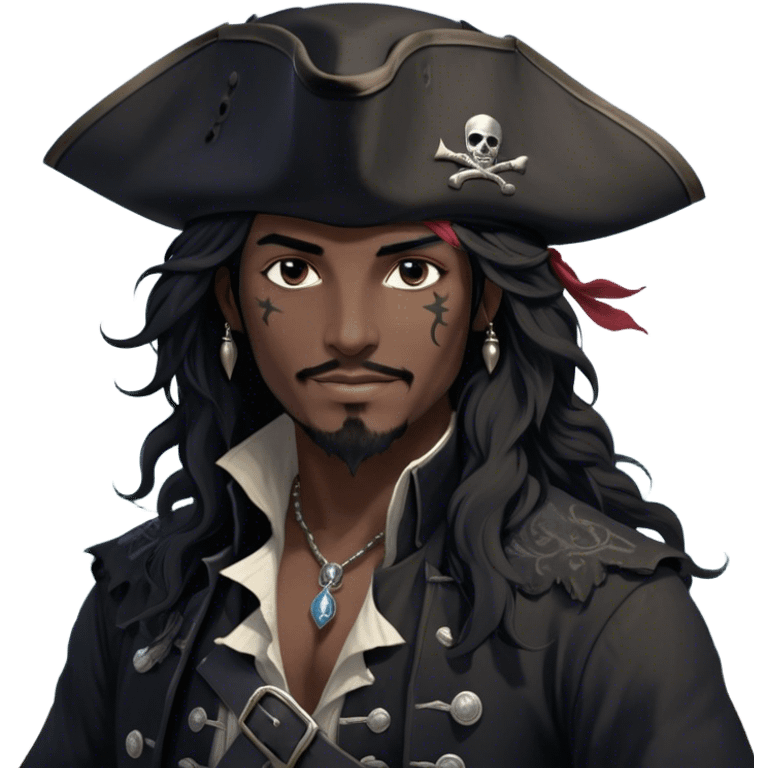 A charismatic pirate with wavy black hair that falls just past his shoulders, tousled slightly by the sea breeze. He wears a black tricorn hat with subtle silver embroidery along the edges, casting a shadow over his sharp, confident features. His piercing dark eyes glint with mischief as he gazes to the side, a knowing smile playing at his lips. His well-fitted black coat, adorned with polished silver buttons and intricate stitching, moves slightly with the wind, revealing glimpses of a deep-crimson waistcoat underneath. A silver chain dangles from his belt, catching the dim golden light of the setting sun. His posture is relaxed yet assured, exuding effortless charm as if he owns the sea itself. emoji