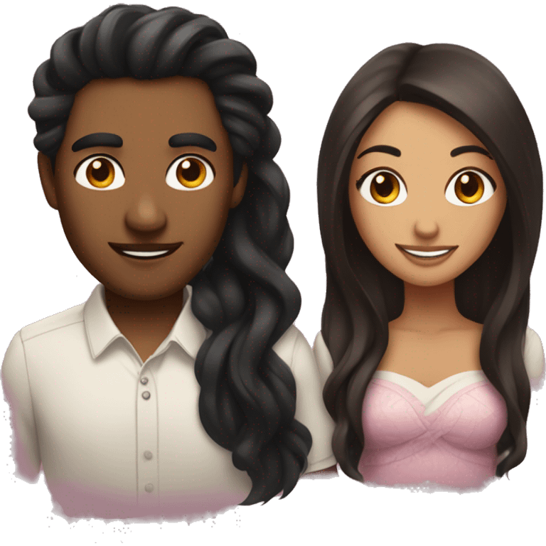 brown woman with long black hair and a brown man with girly hair in love emoji