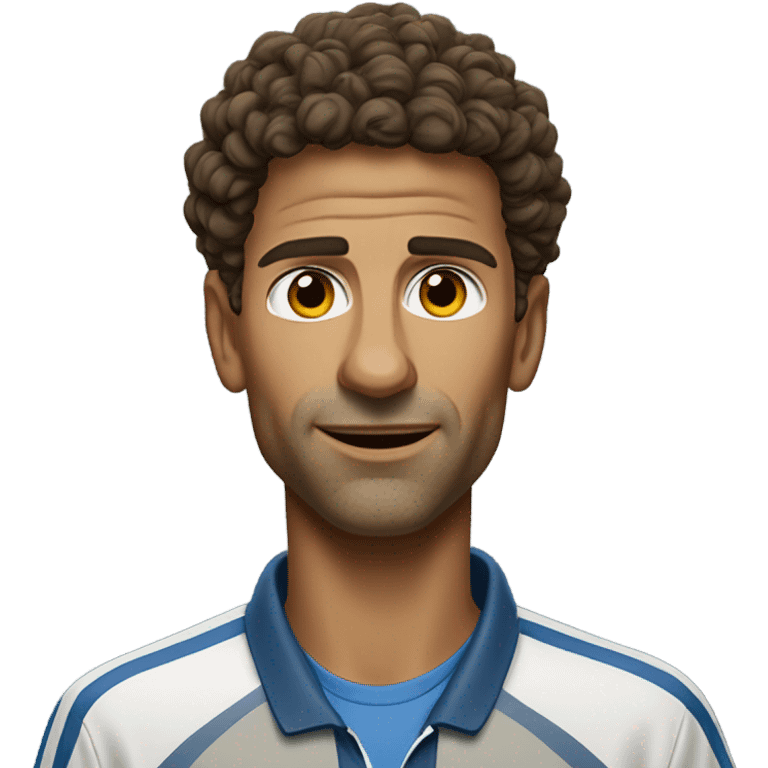 Tennis coach with curly brown hair hazel eyes built like Novak Djokovic emoji