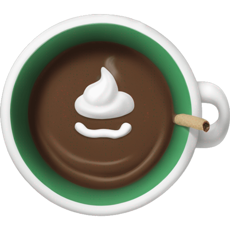 A dark green cup of hot chocolate with a smoke  emoji