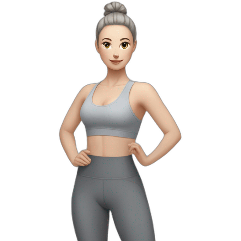 Pale skinned fit woman In a gray tight yoga suit and wristbands With black hair in a bun doing yoga emoji