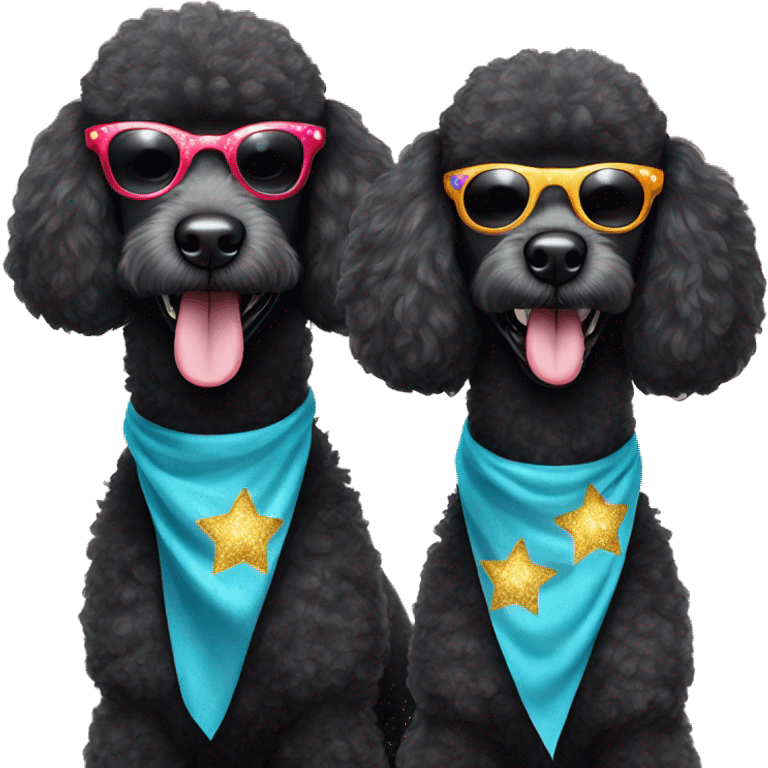 Two BLACK poodles wearing sparkling sunglasses with a big smile. Also with a bandanna around its neck. Both Dogs needs to be all black emoji