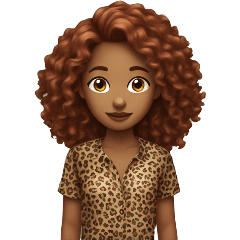 Girl with long burgundy, curly hair, wearing a cheetah print shirt emoji