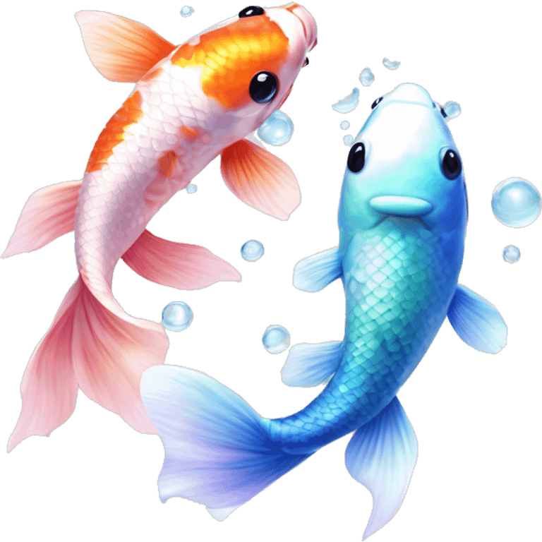  Two realistic koi fish, one green & blue, the other pink & white, swimming in circle, ying yang, Pisces fish, cloudy, water, dreamy, bubbles, iridescent emoji