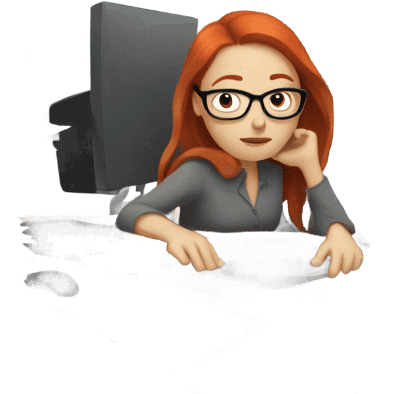 red hair woman nutritionist wearing glasses sleeping desk monitor stack paper emoji