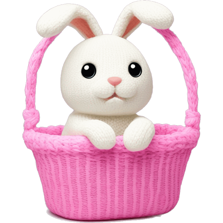 cute white plush knitted bunny toy sitting in the pink basket emoji