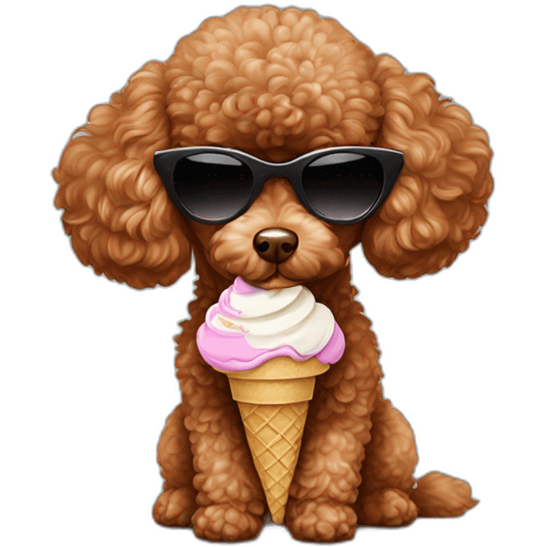 Small red-brown toy poodle eat ice cream and wearing in sunglasses  emoji