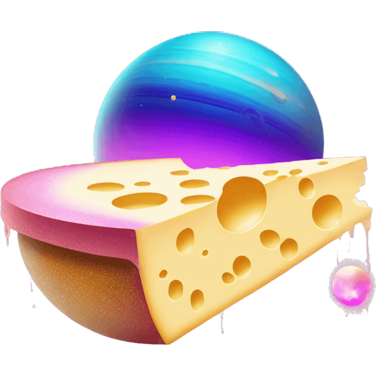 sparkly glittery blue purple and pink gradient planet with a saturn ring dripping cheese from the ring emoji