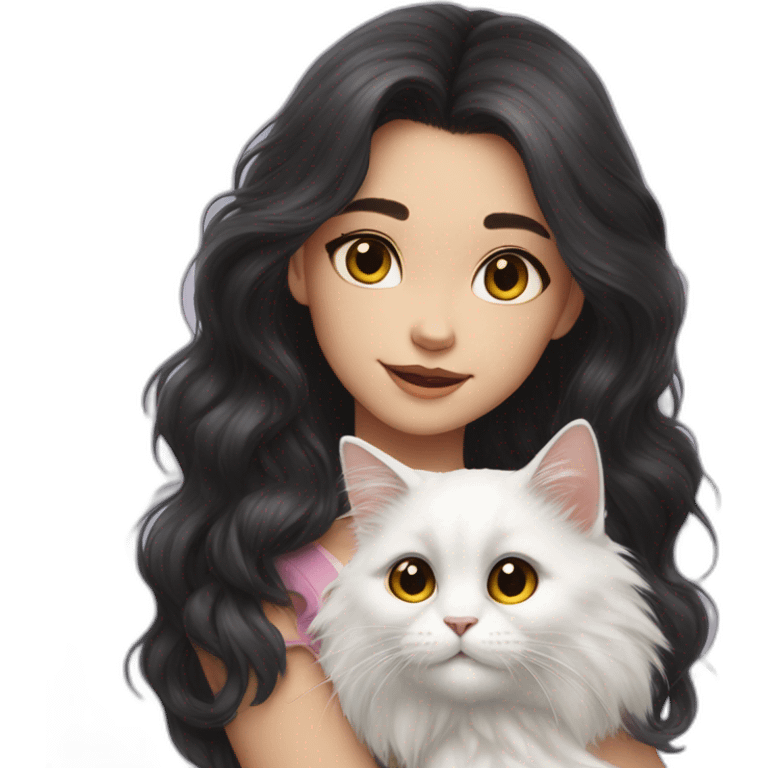 A girl with long dark hair and on her left shoulder and neck lies a white fluffy cat with eyes of different colors emoji