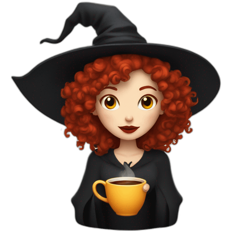 a witch with red lips, red curly hair to the shoulders reading and drinking coffee emoji