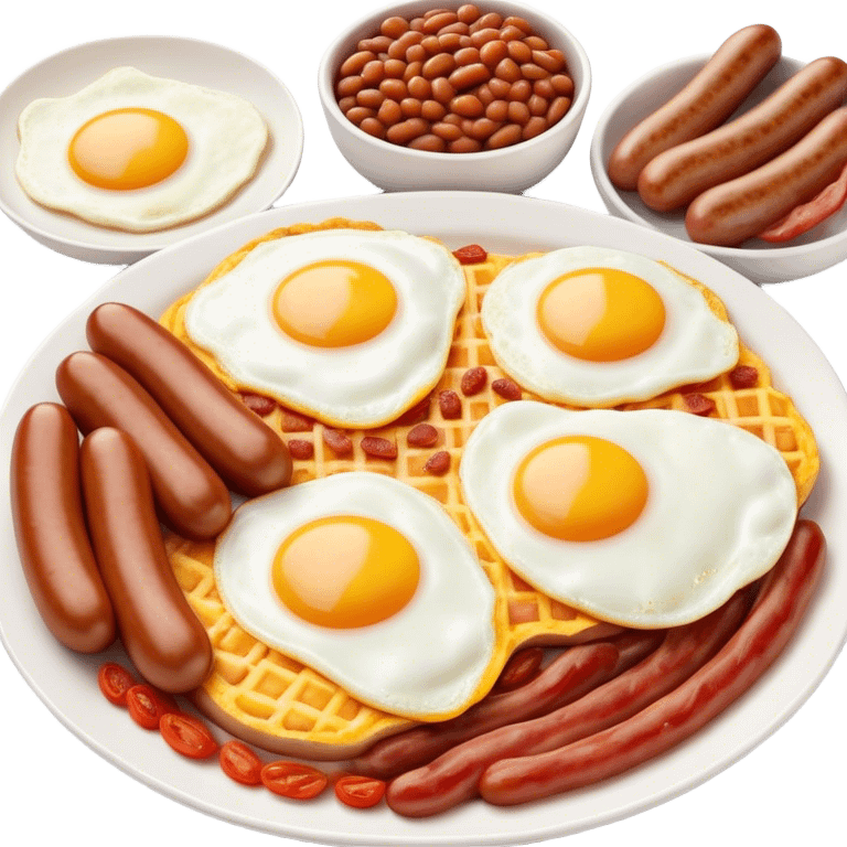 Cinematic Realistic English Breakfast Dish Emoji, showcasing a hearty ensemble of eggs, bacon, sausages, baked beans, and grilled tomatoes rendered with lifelike texture and vibrant, appetizing detail that exudes comforting tradition. emoji