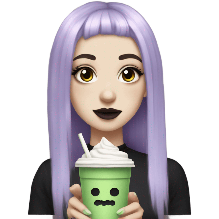 goth white girl with eyeliner, mid length hair, purple hair, bangs holding iced matcha   emoji