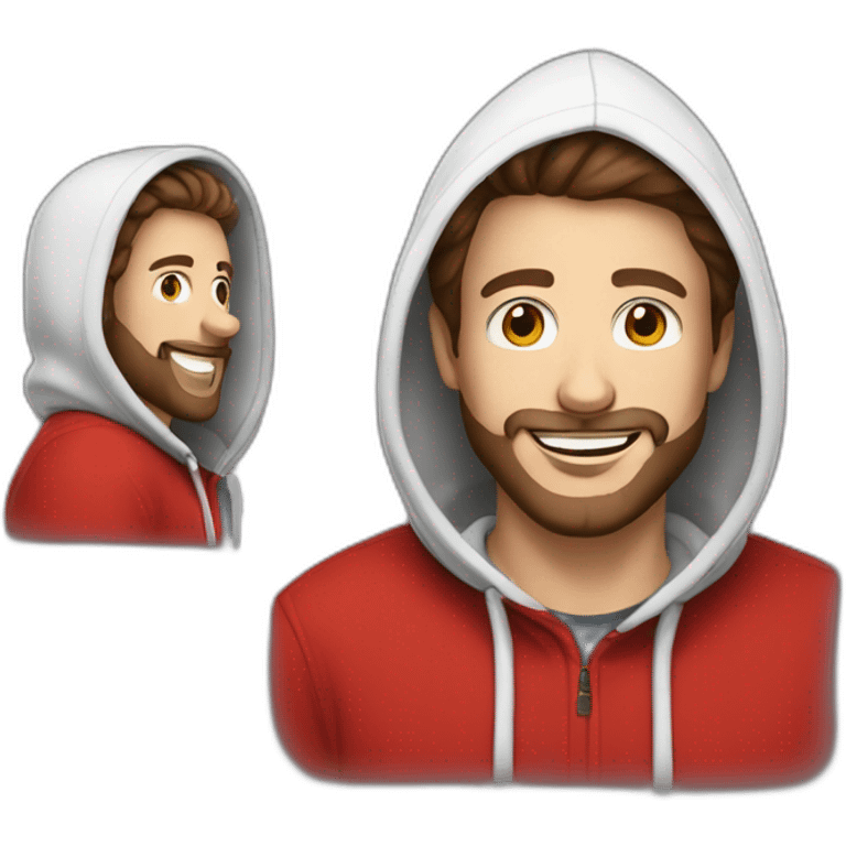 white dude smiling with a brown beard and short brown hair with a red hooded hoodie with "Posh" on the hoodie emoji