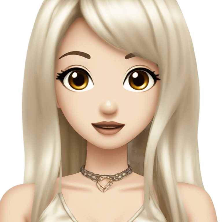 hime gyaru girl with LONG SILKY BLACK HAIR, with beige satin halter top with chest, very pale skin and pretty brown monolid eyes emoji