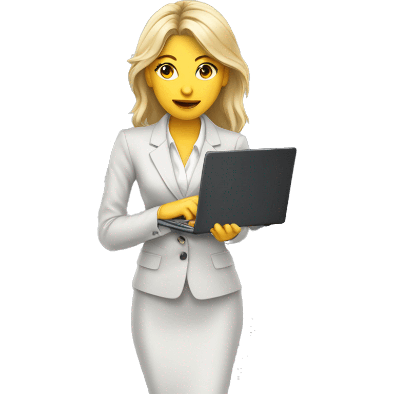 Beautiful White Woman with Laptop busy with coding for Office Work, nice hair, suit  emoji