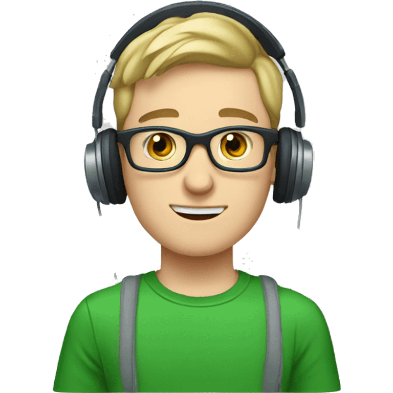 white young man with square glasses and blue eyes wearing green t-shirt with laptop and headphones emoji