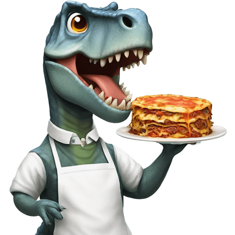 Dinosaur wearing apron holding lasagna with jaw dropped emoji