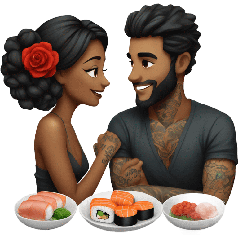 Romantic sushi dinner date for beautiful tattooed couple emoji