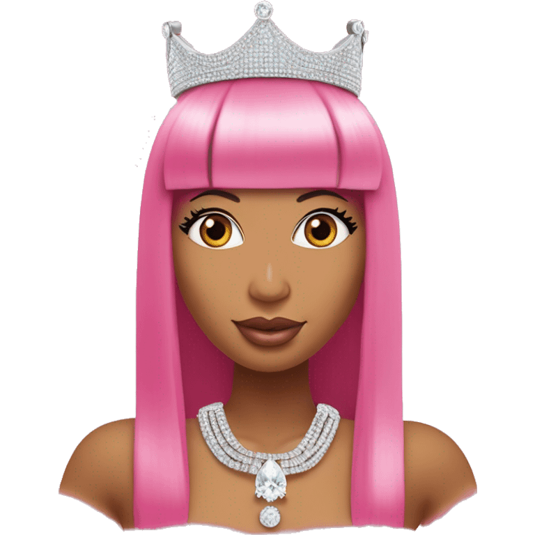 Nicki Minaj with a long straight pink bob and bangs and a diamond chain that says “queen”. She he’s a crown on her head  emoji