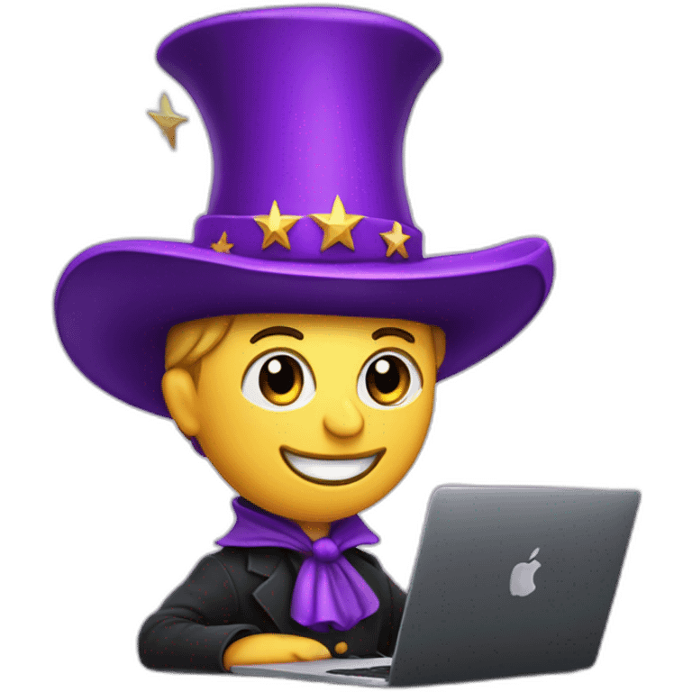 magician with a purple pointy magic hat with a star working on a macbook emoji