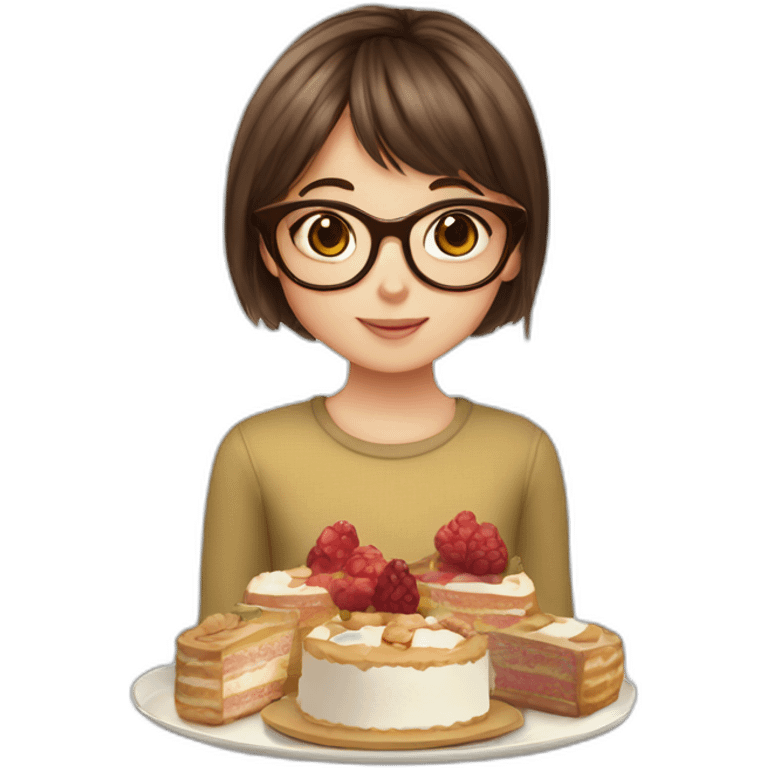 Young girl with brown hair and bangs and tortoiseshell glasses holding a plate with cakes emoji