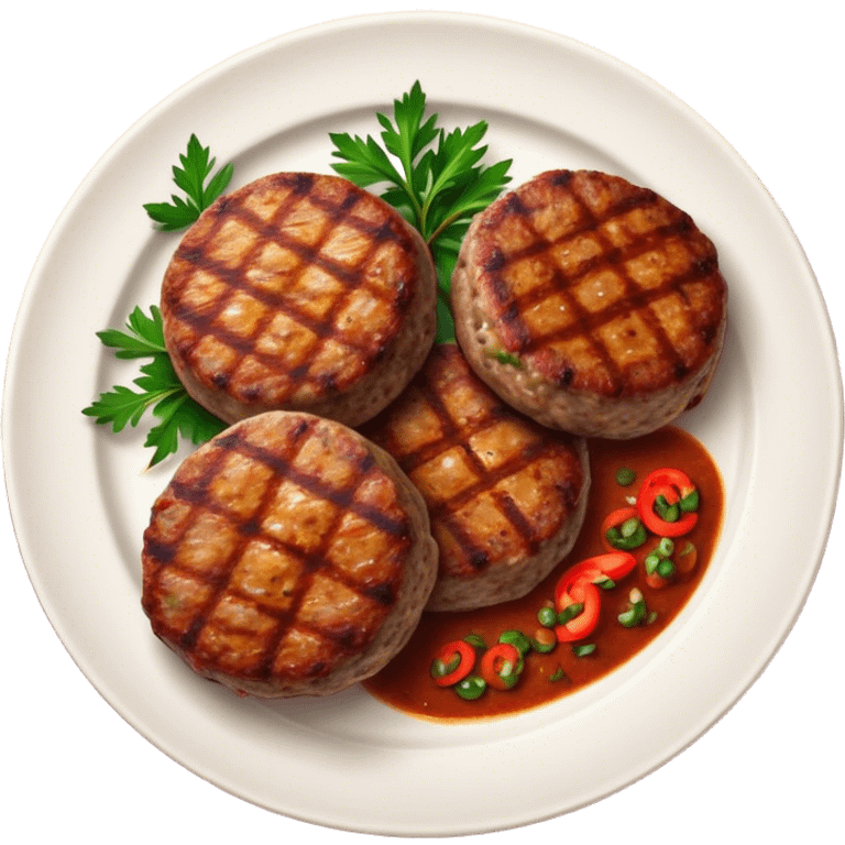 Cinematic Realistic image of Turkish Köfte, presented as perfectly formed, spiced meat patties with detailed textures and subtle grill marks, arranged artfully on a simple plate and illuminated by warm, appetizing lighting that accentuates their savory appeal. emoji