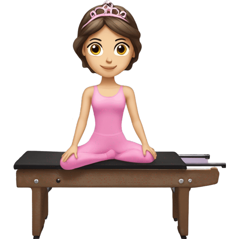 Brunette hair doing Pilates on reformer with pink tiara and ballet wrap emoji