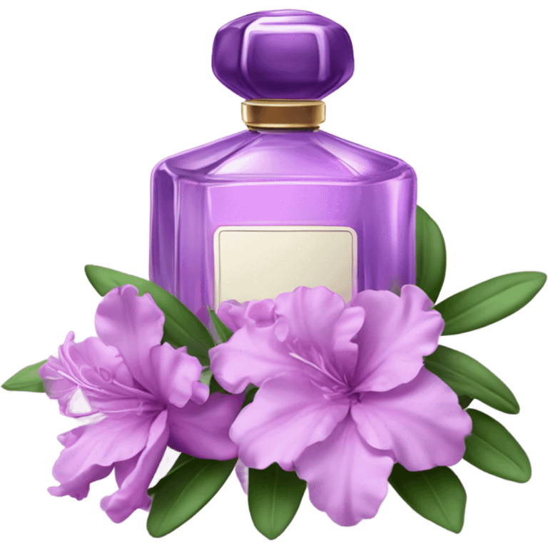 Aesthetic ensemble of soft purple azaleas alongside a charming vintage purple perfume bottle.
 emoji