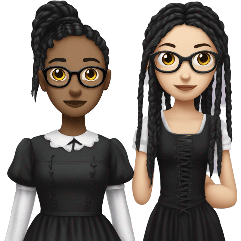 An emoji of a girl with long black braids, round glasses, and a gothic dress, standing next to her mother dressed in the same gothic style emoji