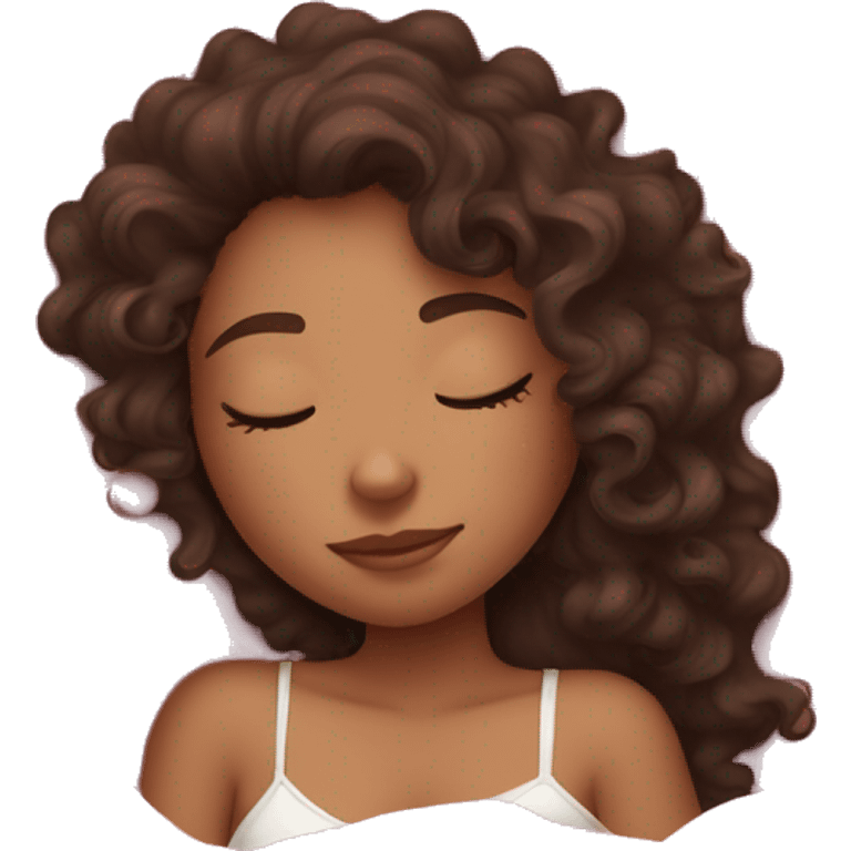 curly brunette girl light skin sleeping in pink sheets emoji