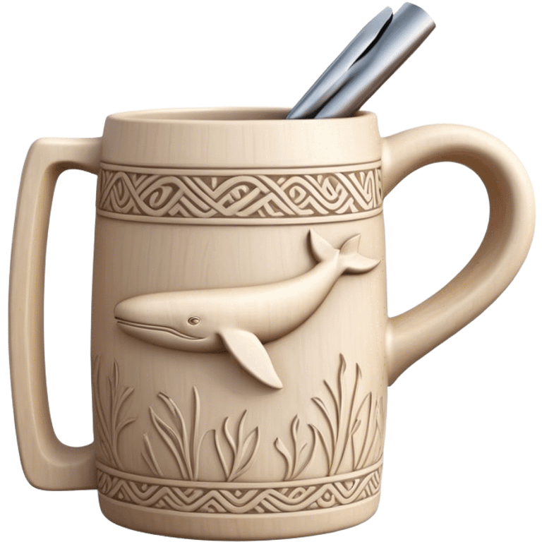 Scandinavian carving icon, whale bone mug or vase with intricate Norse patterns, chisels and carving tools, minimalistic style, clean lines, transparent background. emoji