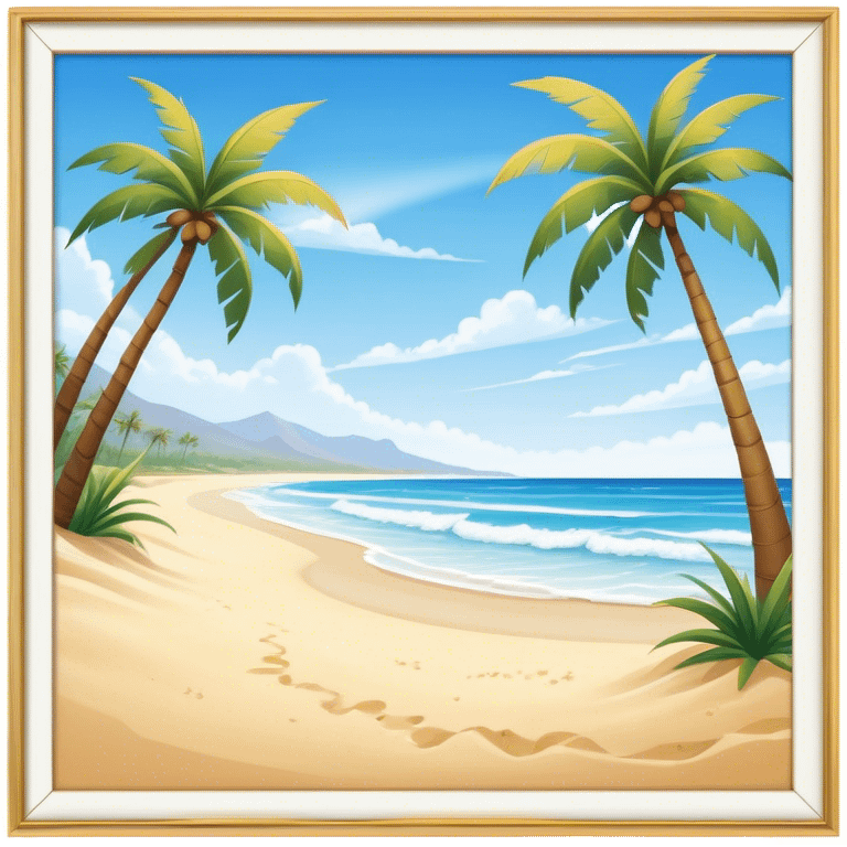 Cinematic Realistic Beach Emoji in a wooden frame, Sunny and bright, with soft golden sand stretching as far as the eye can see, gently lapping waves crashing onto the shore, and a clear, blue sky above. Palm trees sway in the warm breeze, crystal clear water of the waves on the landscape. Soft glowing outline, capturing the essence of a relaxed, joyful beach day filled with sun, sand, and surf! emoji