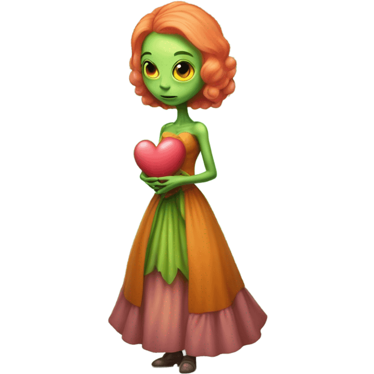 a green alien woman in Victorian orange dress, pink hair,holdig, red big hearth, full body emoji