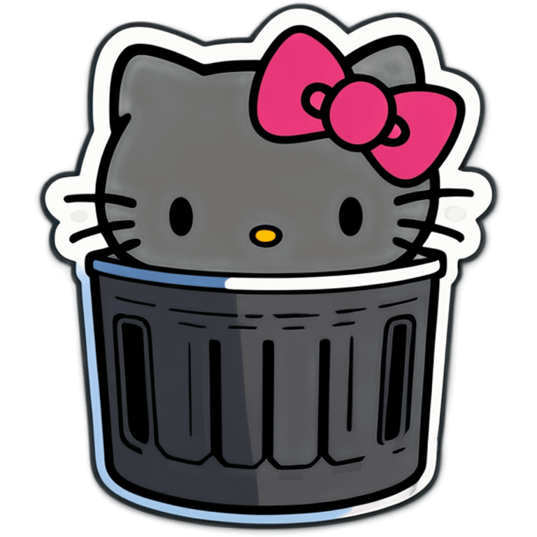 A trash bin that says GOODBYEEEE with hello Kitty in it emoji