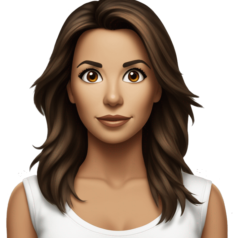 3/4 face, contrasted, shadow, light, Eva Longoria expression, standing from a distance, thin nose, brunette woman, hazel eyes, long eyelashes, dark shoulder shaded hair, white t-shirt, jeans, white sneakers emoji