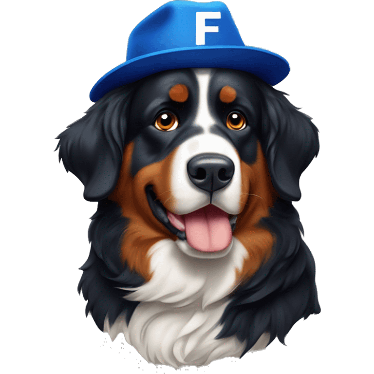 Bernese mountain dog wearing a blue and orange hat that has the letter "F" on it emoji