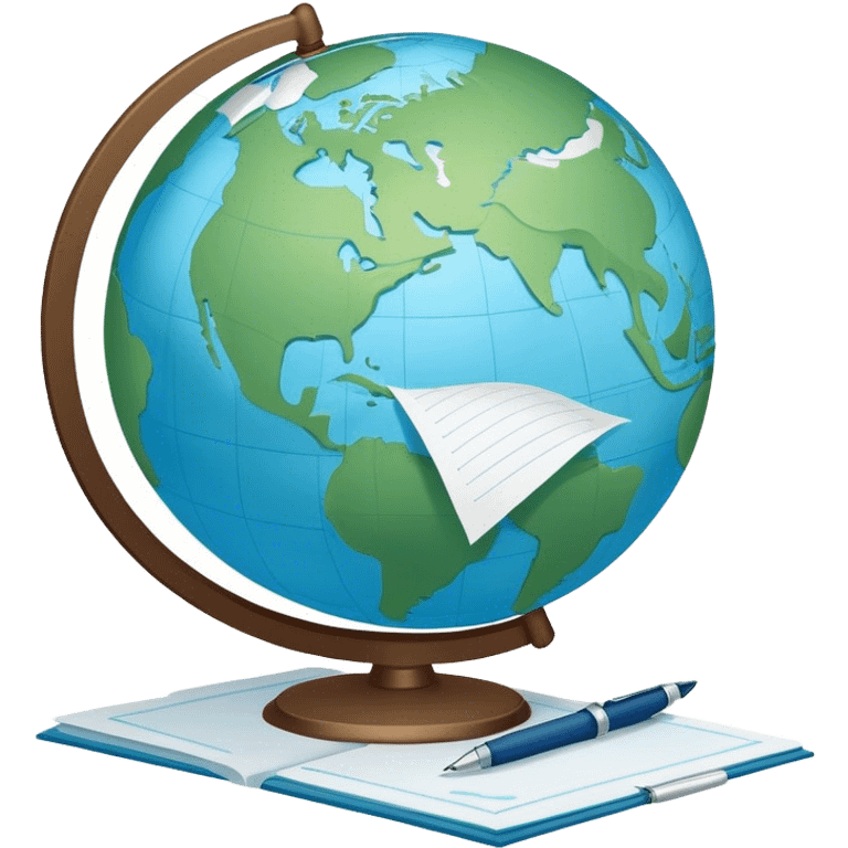 Create an emoji representing language translation. The design should feature a single globe in the background, symbolizing international communication. In front of the globe, place two books or sheets of paper, with a pen nearby to indicate the act of writing. Use a clean and professional color palette with blues, greens, and neutral tones. Do not include any emojis or smiley faces. Make the background transparent emoji