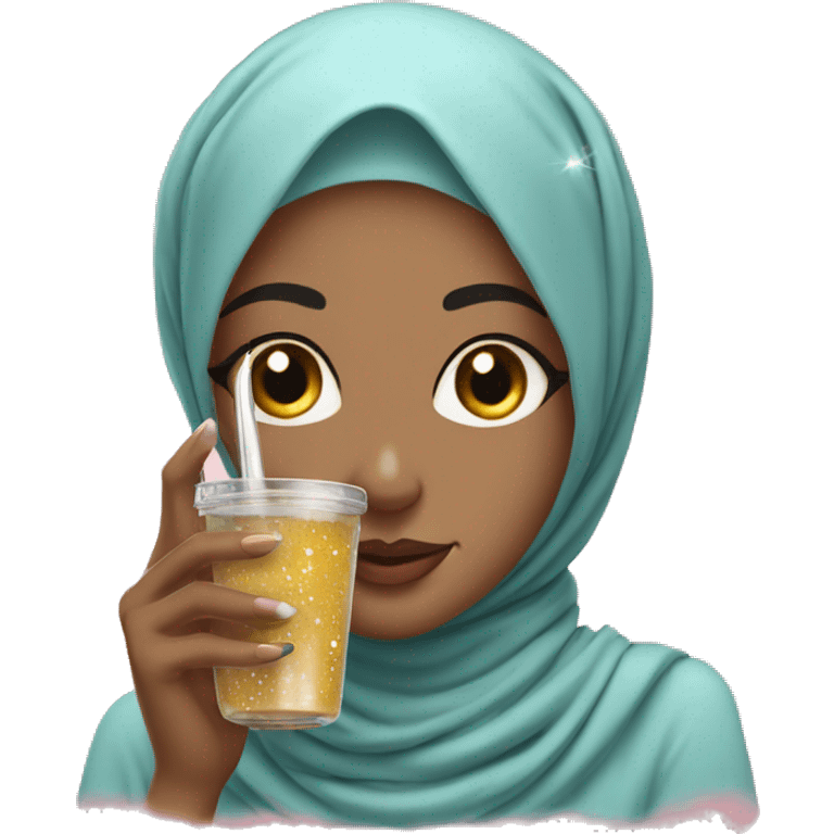 hijabi girl with nails, drinking boba with sparkles around her emoji