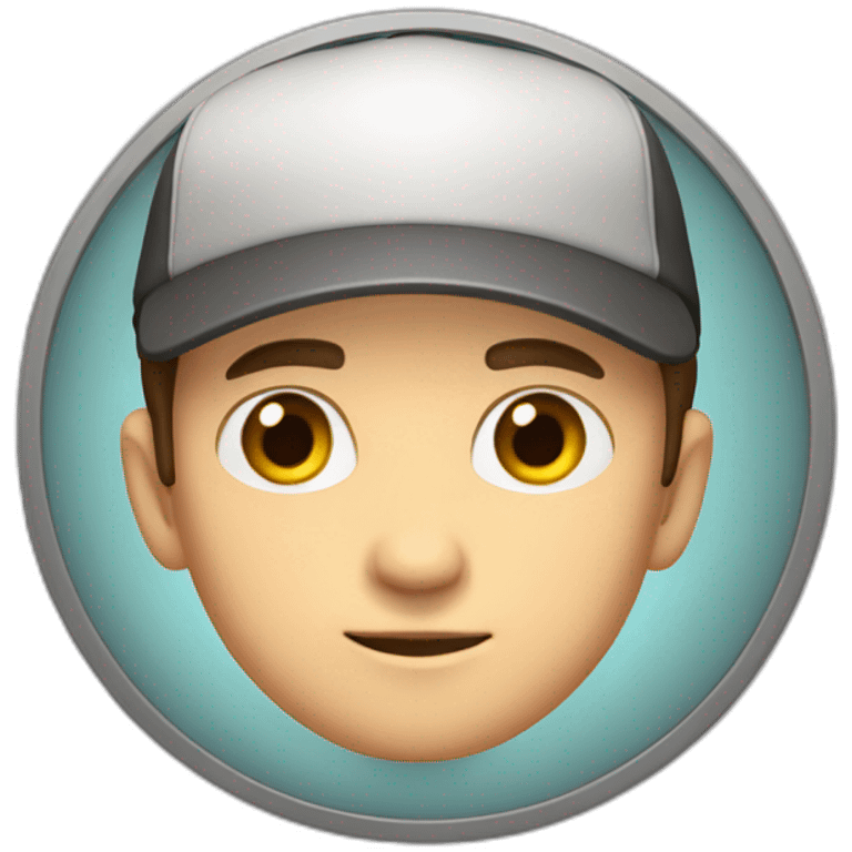 Guy with brown hair and short, brown eyes with a cap that is inside a circle window that try to exit emoji