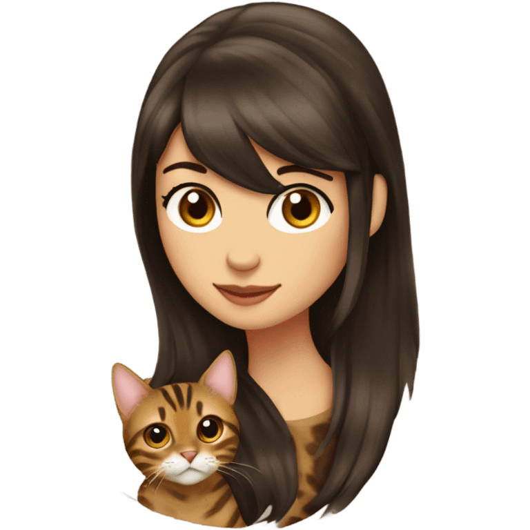 Beautiful woman long dark brown hair have Straight bangs hug bengal cat emoji