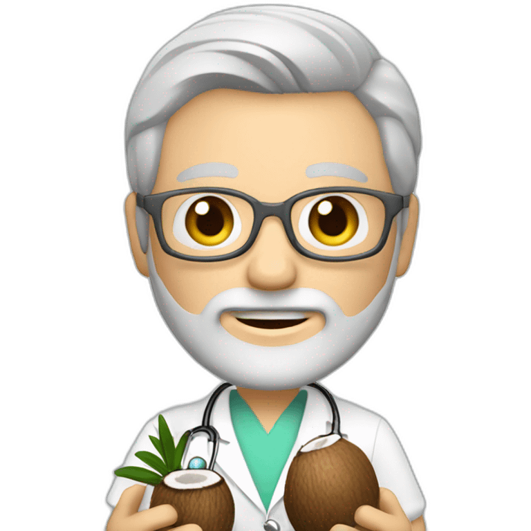 a doctor, WHITE SKIN, full grey beard, white and grey short hair, holding a coconut on his hand emoji