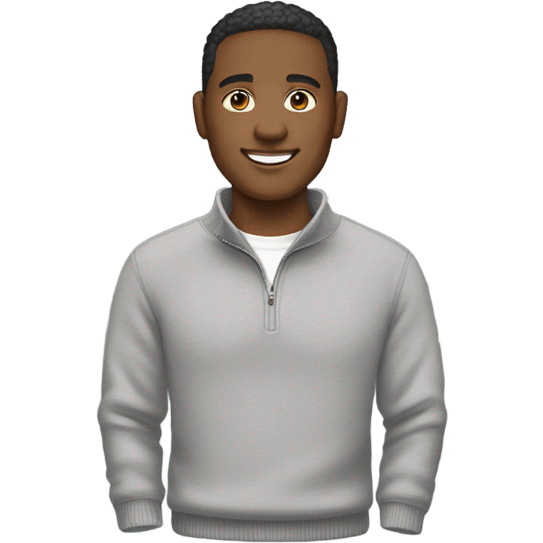 Smiling person wearing a gray quarterzip sweater with white tee shirt under, light skin tone emoji