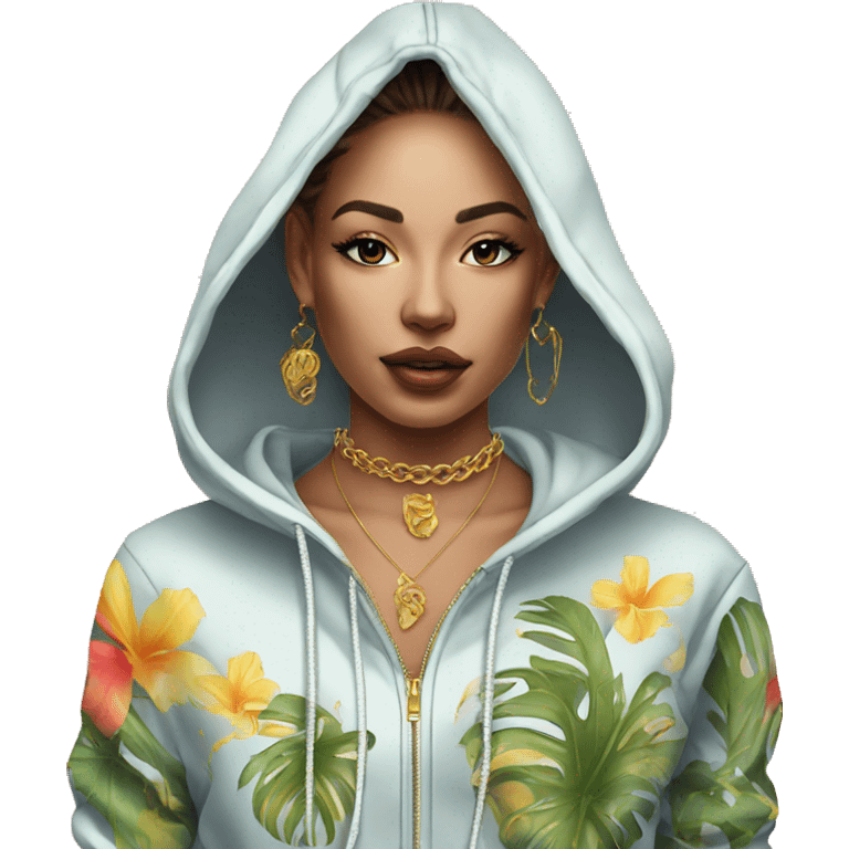 Trendy lady tropical baroque hoodie with tattoos and gold chain emoji