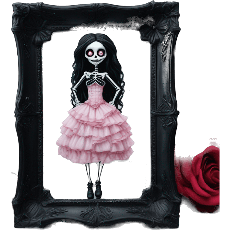 PINK LANDSCAPE PICTURE WITH FRAME: full body, hyper realism, full height skeleton, tim burton "corpse bride", thin porcelain doll with a cracked face, goth makeup watery eyes, long hair, lace and ruffles, lolita style, inked, black and white, red roses emoji