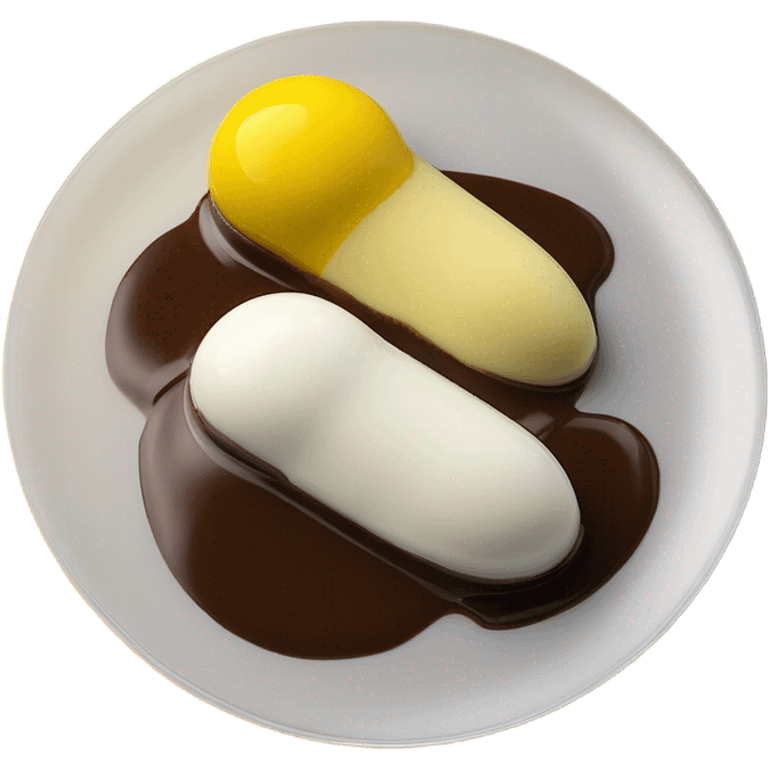 1 Chocolate quenelle and 1 vanilla quenelle on a fine dining glass plate with 3 small drops of yellow sauce as decoration emoji