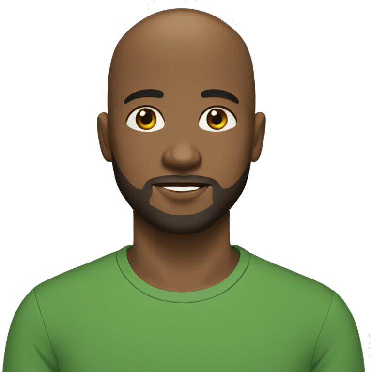 young man, dark brown skin, beard, bald, black eyes, green shirt emoji