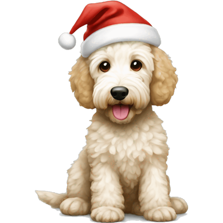 White and beige goldendoodle with Santa hat emoji