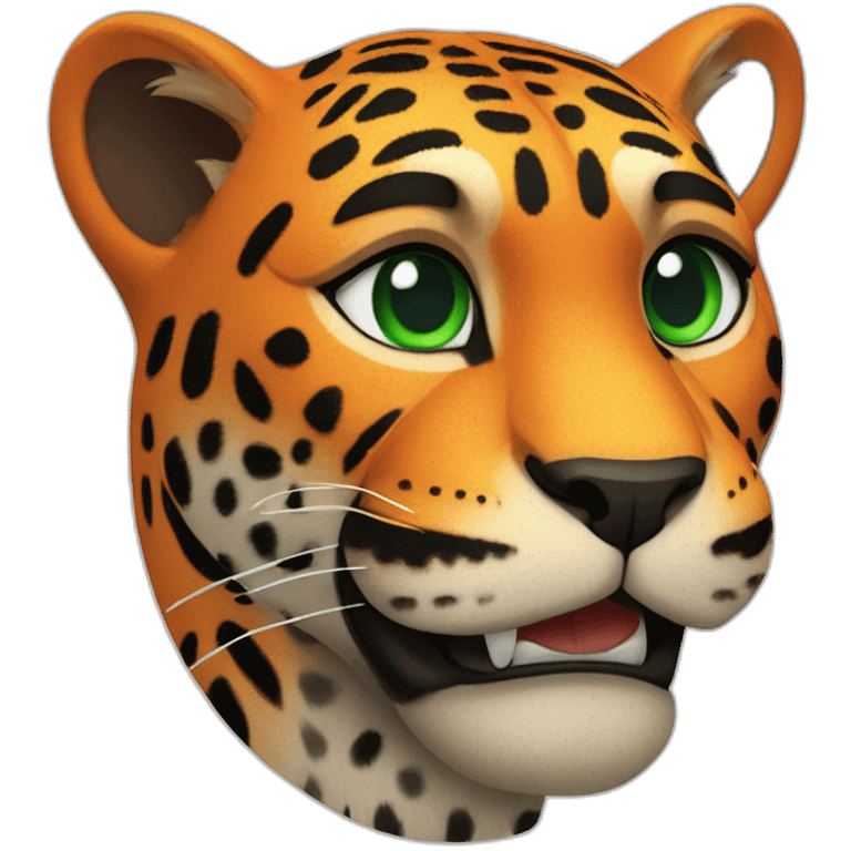 pixar like image orange jaguar green eyed athletic with liht smile with black tshirt with the word BALAM written on it emoji